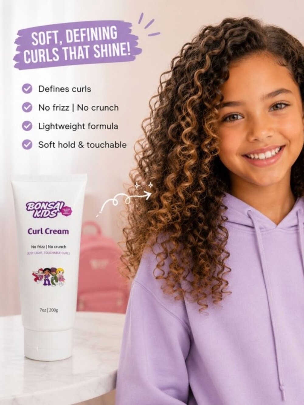 Bonsai Kids Curl Cream 7 oz - Curl Defining and Frizz Control for Toddlers, Girl